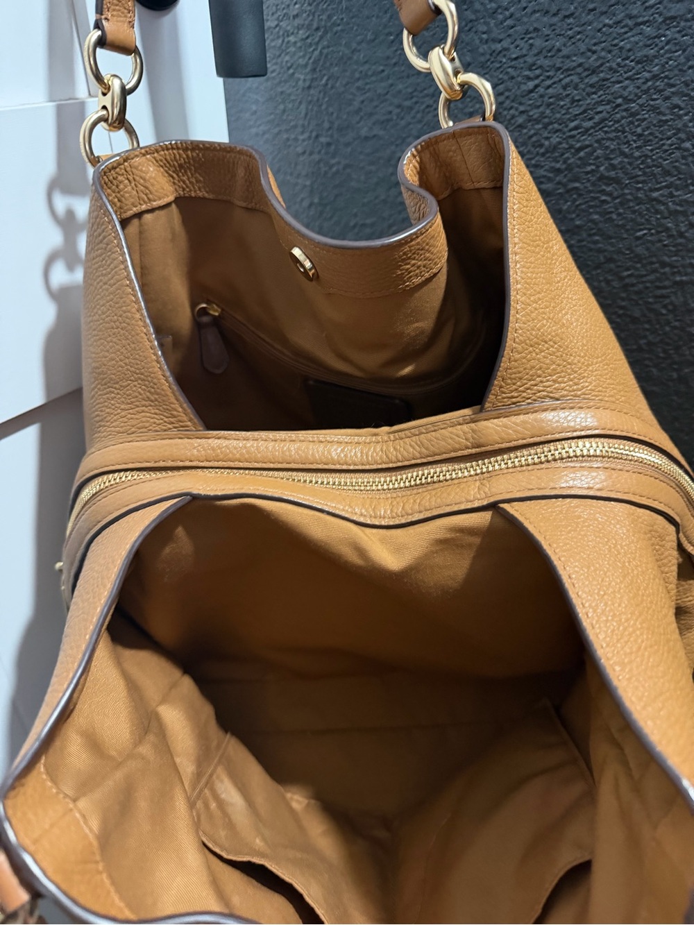 Coach Tan Pebbled Leather Shoulder Bag with Floral Charm - Picture 6 of 16